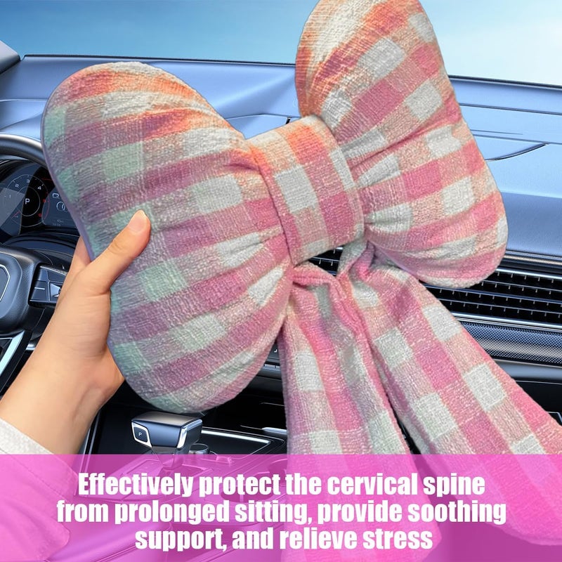 Bittwee Bow Car Headrest Pillow, Breathable Memory Foam Vehicle Neck Pillow with Adjustable Strap, Ergonomic Auto Neck Support Cushion for Pain Pressure Relief, Universal for Most Cars (Pink/Grid) - Image 5